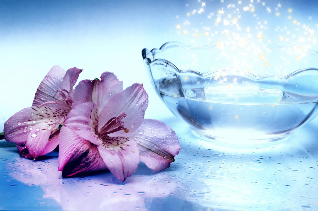 Recipiente de vidro com água brilhante e flores de cor rosa